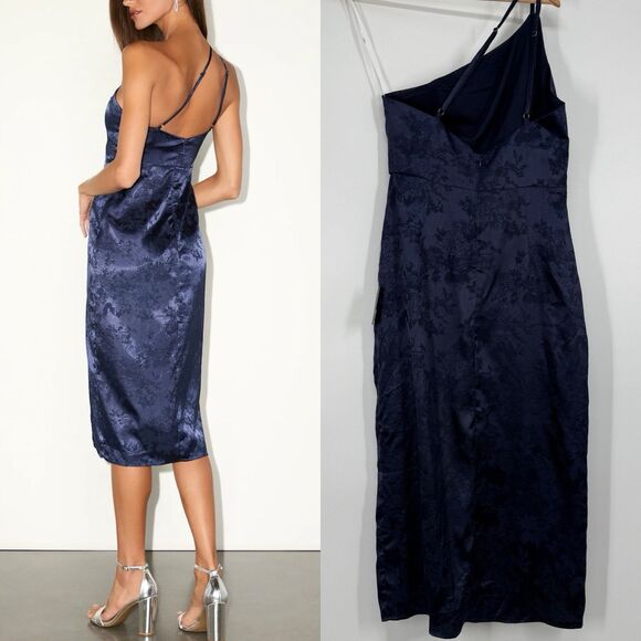 Lulus Desirable Dream Navy Blue Satin Jacquard Halter Neck Midi Dress Size S - Picture 5 of 5